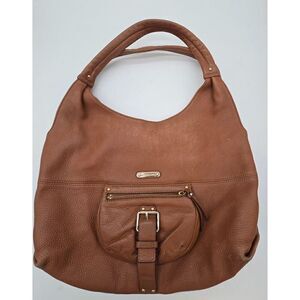 Michael Kors Brown Leather Hobo Bag With Front Buckle Pocket & Dual Handles